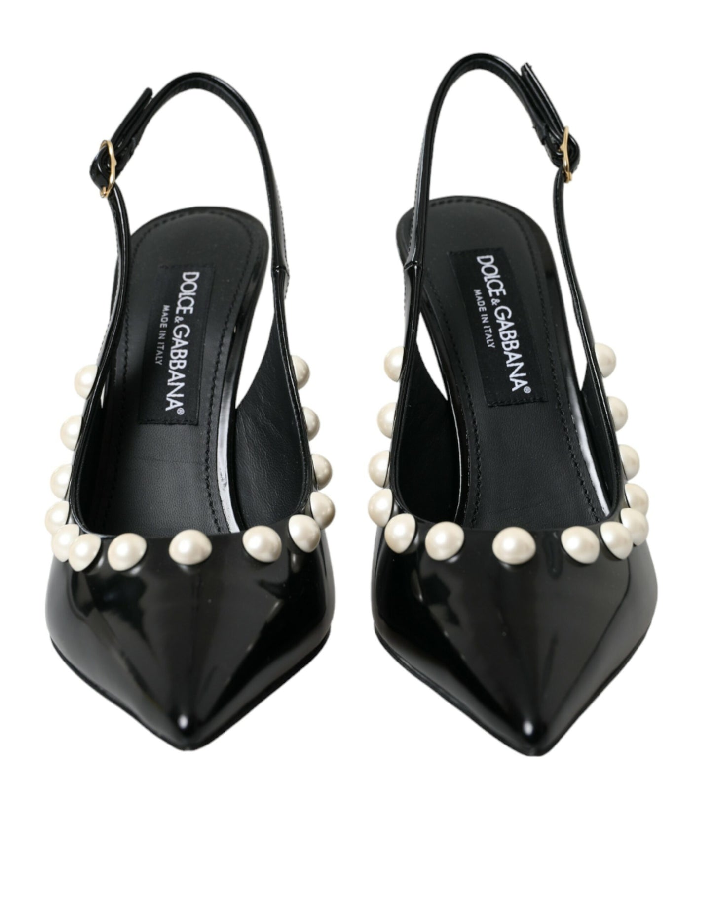Dolce &amp; Gabbana – Slingback-Schuhe aus schwarzem Leder mit Kunstperlenabsatz