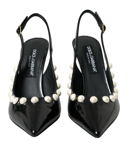 Dolce &amp; Gabbana – Slingback-Schuhe aus schwarzem Leder mit Kunstperlenabsatz