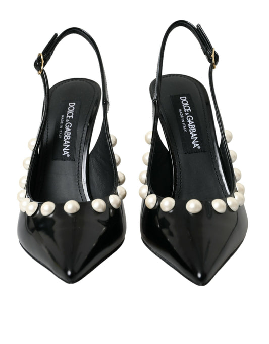 Dolce &amp; Gabbana – Slingback-Schuhe aus schwarzem Leder mit Kunstperlenabsatz