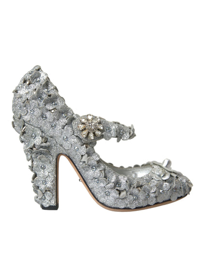 Dolce &amp; Gabbana – Mary-Jane-Pumps mit Blumenmuster und Kristallen in Silber