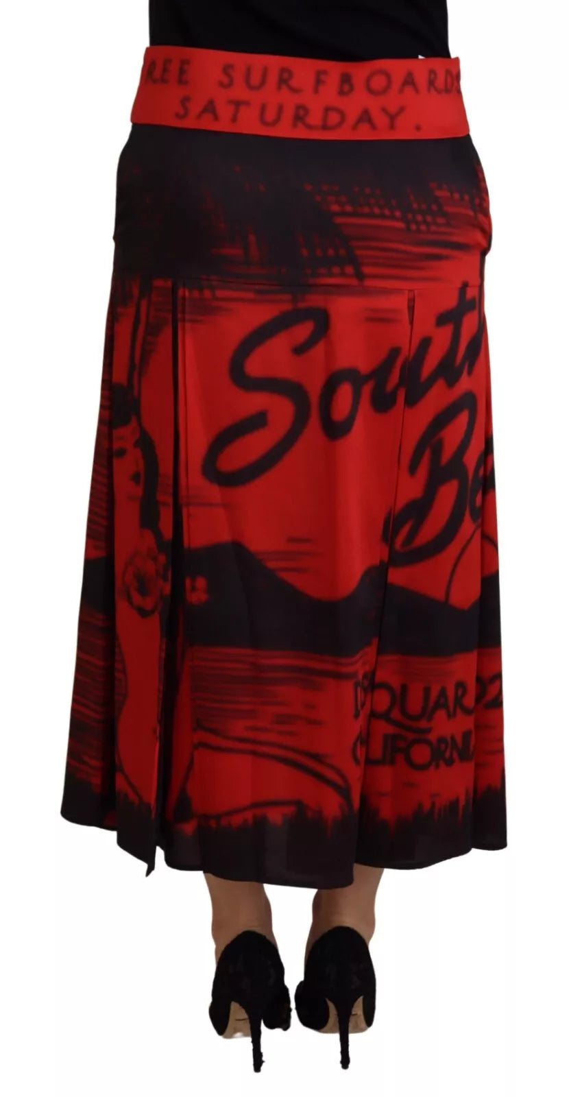 Dsquared² Roter bedruckter A-Linien-Midirock mit hoher Taille und Plissee