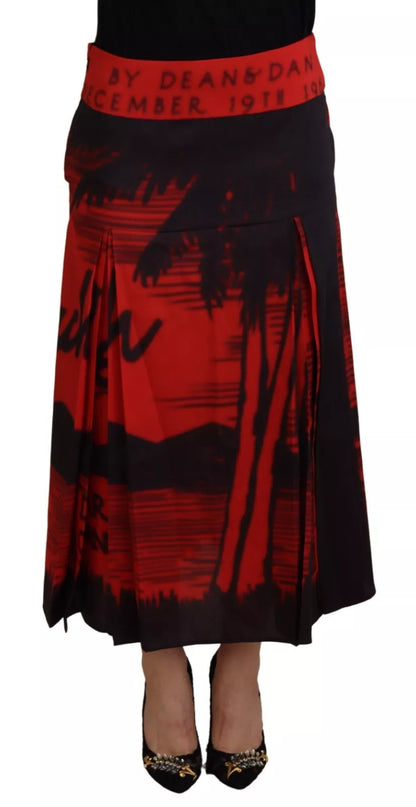 Dsquared² Roter bedruckter A-Linien-Midirock mit hoher Taille und Plissee