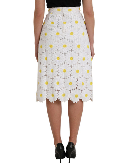 Dolce &amp; Gabbana Weißer, gerader Bleistiftrock aus Spitze mit Blumenmuster