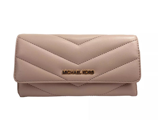 Michael Kors Jet Set Travel Große dreifach gefaltete Brieftasche aus gestepptem Leder, Puderrosa