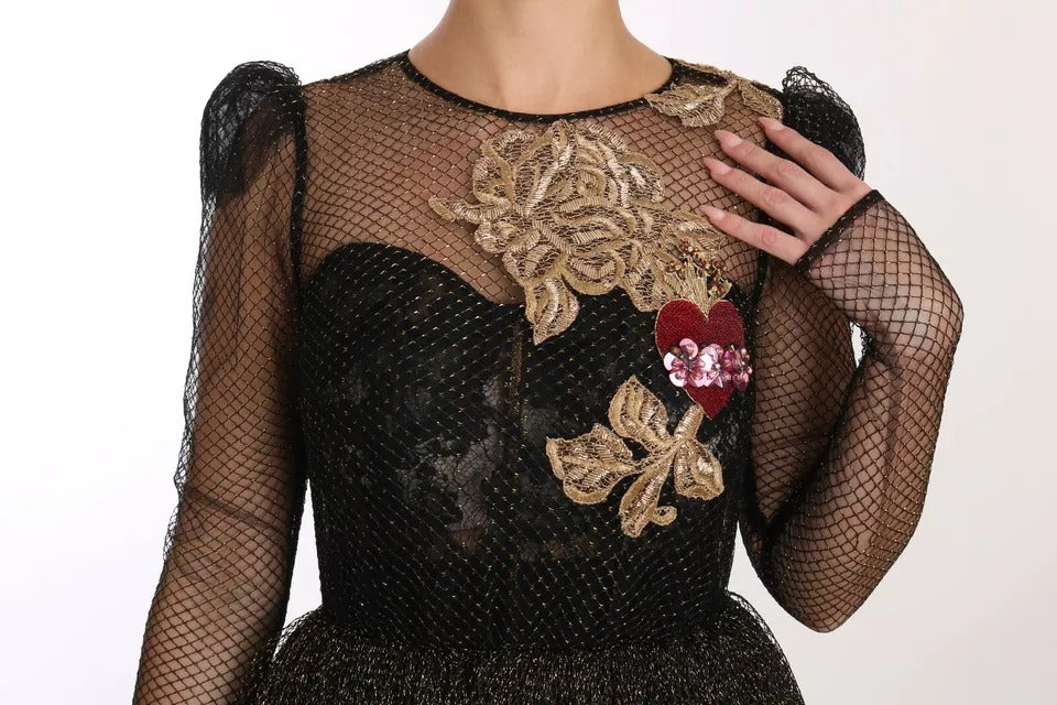 Dolce &amp; Gabbana – A-Linien-Kleid mit Kristallherz in Schwarz und Gold
