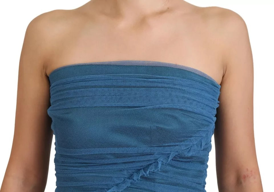 Dolce &amp; Gabbana – Etuikleid aus gerüschtem Tüll mit blauem Netzbesatz