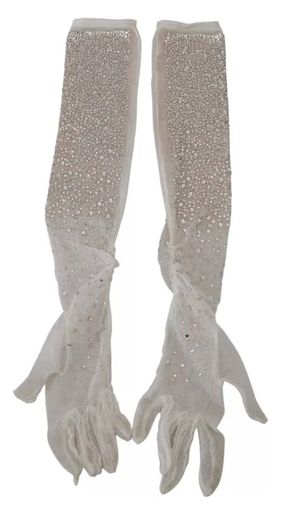 Dolce &amp; Gabbana – Ellenbogenlange Handschuhe aus Baumwolltüll in Weiß mit Kristallen