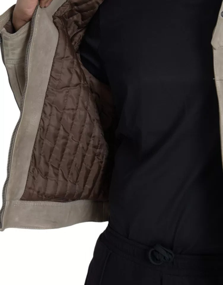 Dolce &amp; Gabbana – Beige Bikerjacke aus Leder mit durchgehendem Reißverschluss