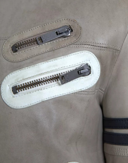 Dolce &amp; Gabbana – Beige Bikerjacke aus Leder mit durchgehendem Reißverschluss