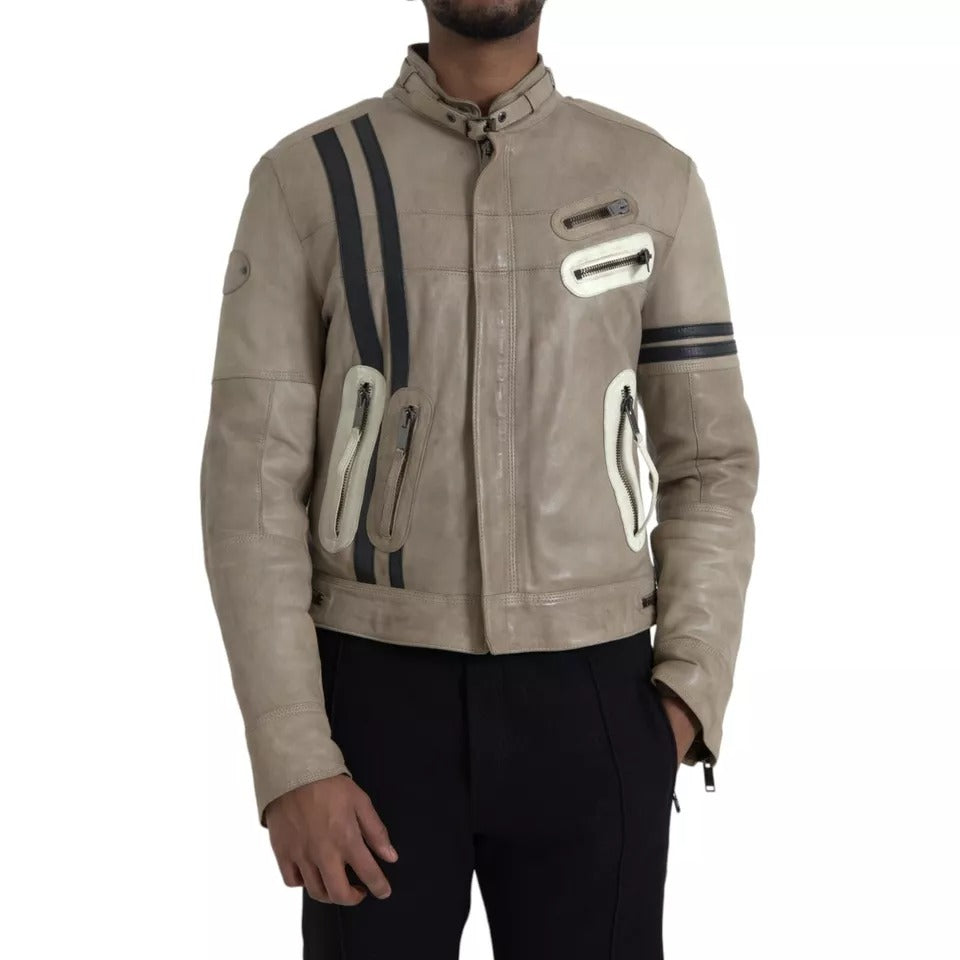 Dolce &amp; Gabbana – Beige Bikerjacke aus Leder mit durchgehendem Reißverschluss