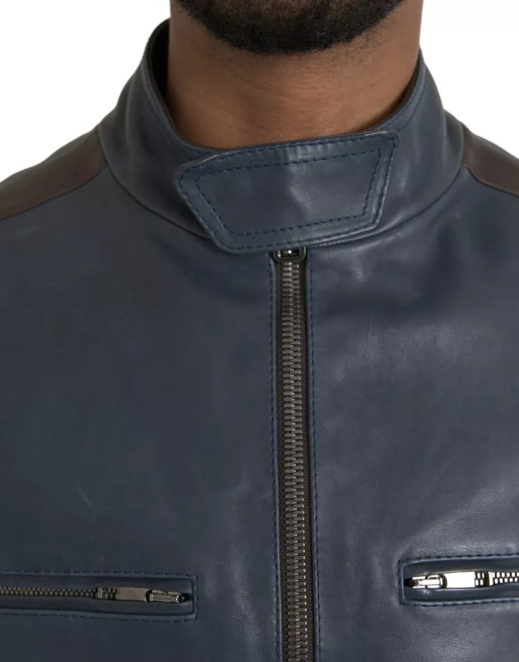 Dolce &amp; Gabbana – Blaue Biker-Blousonjacke aus Leder mit durchgehendem Reißverschluss