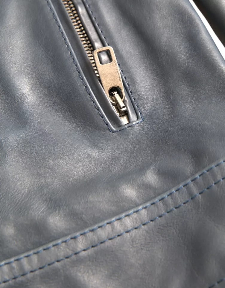 Dolce &amp; Gabbana – Blaue Biker-Blousonjacke aus Leder mit durchgehendem Reißverschluss