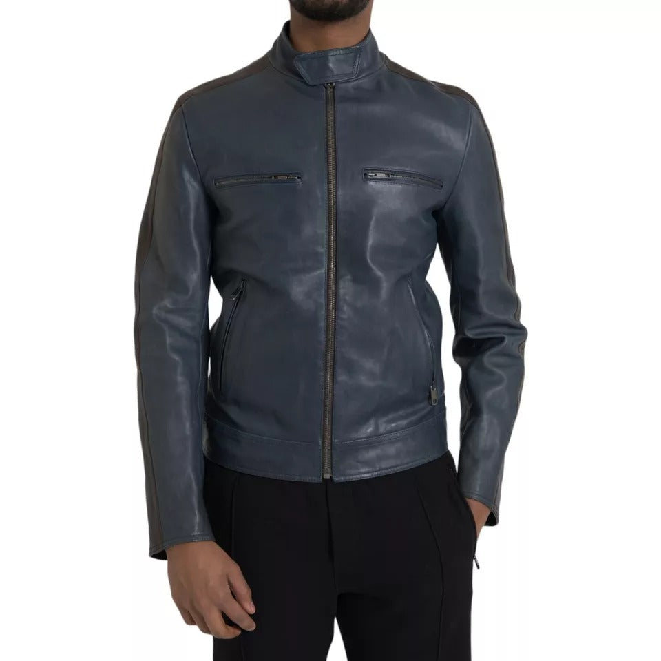 Dolce &amp; Gabbana – Blaue Biker-Blousonjacke aus Leder mit durchgehendem Reißverschluss