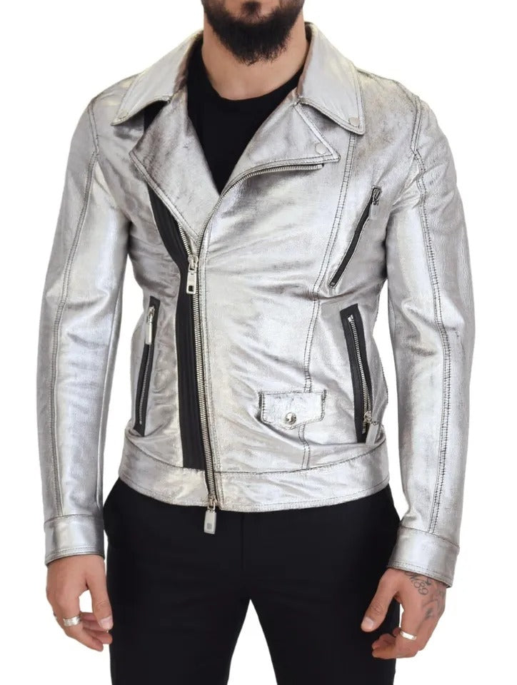 Dolce &amp; Gabbana Silberner Leder-Bikermantel Lammfelljacke