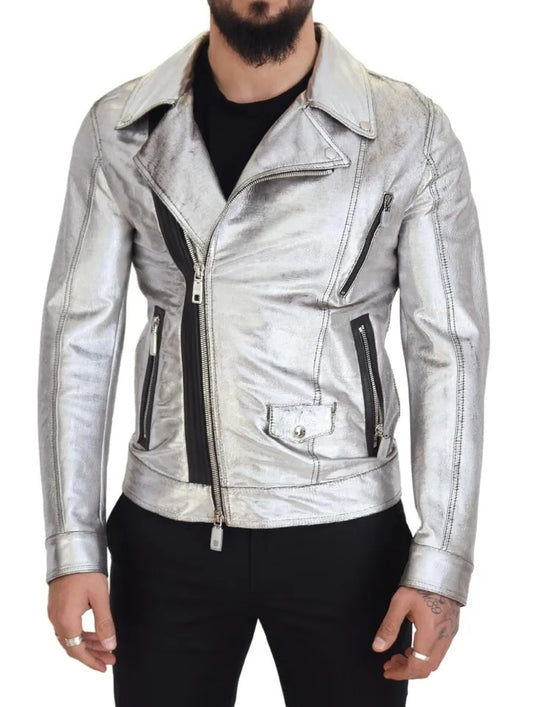 Dolce &amp; Gabbana Silberner Leder-Bikermantel Lammfelljacke