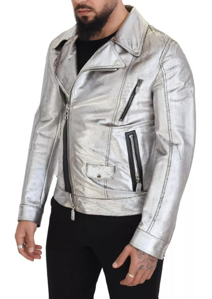 Dolce &amp; Gabbana Silberner Leder-Bikermantel Lammfelljacke