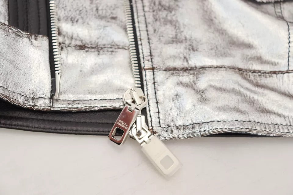 Dolce &amp; Gabbana Silberner Leder-Bikermantel Lammfelljacke