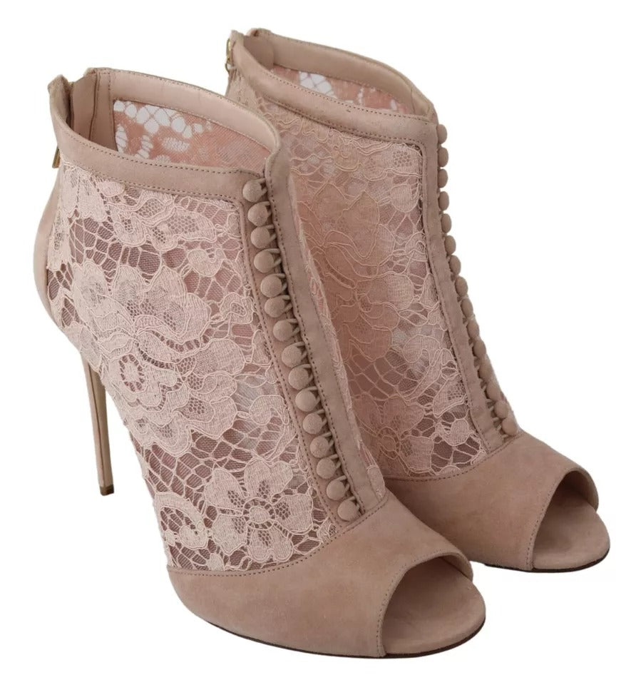 Dolce &amp; Gabbana Beige Spitze Wildleder Peep Toe Ankle Boots Schuhe