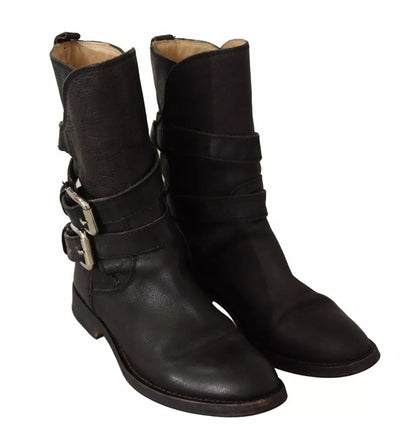 Dolce &amp; Gabbana – Wadenhohe Stiefel aus schwarzem Leder mit Schnalle