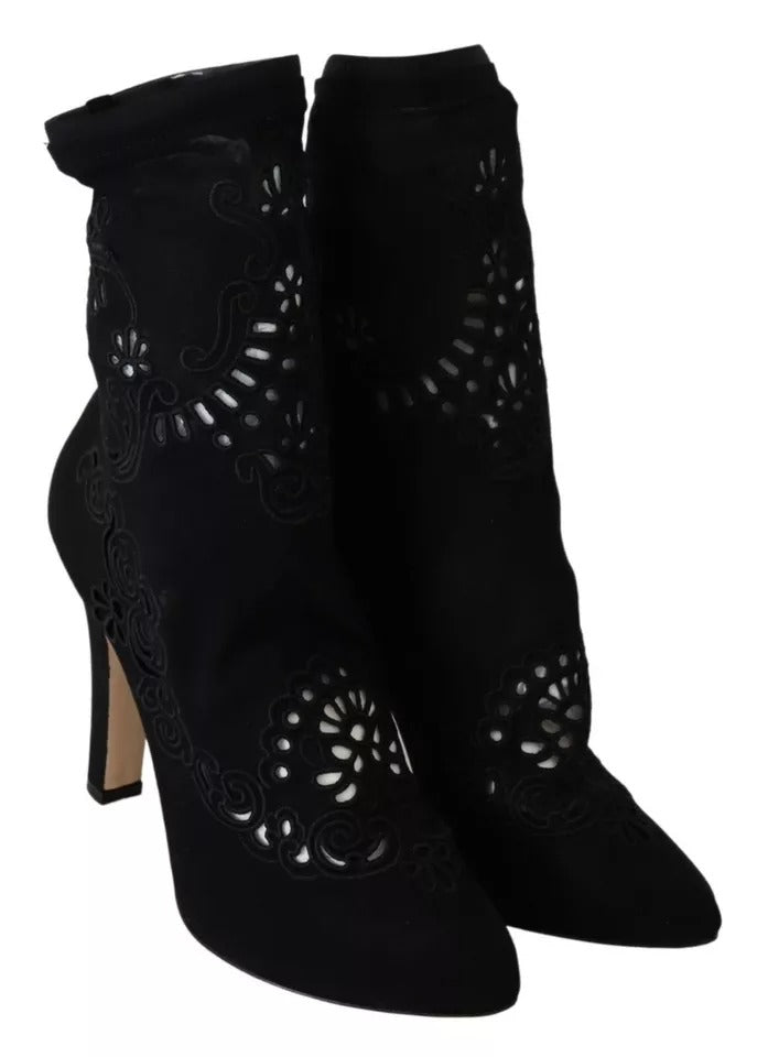 Dolce &amp; Gabbana Schwarze Stretch-Pumps-Stiefel mit floraler Spitze
