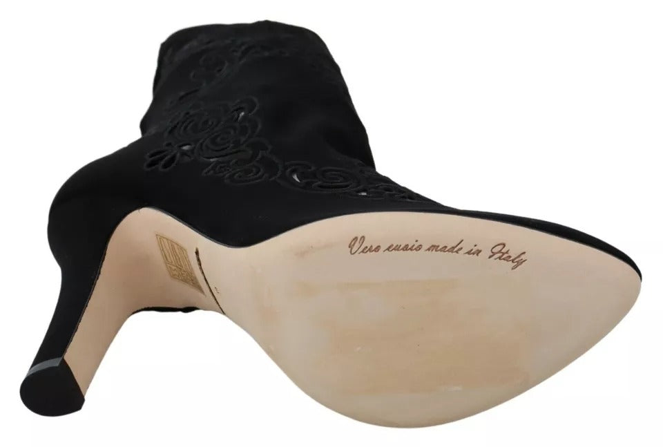 Dolce &amp; Gabbana Schwarze Stretch-Pumps-Stiefel mit floraler Spitze