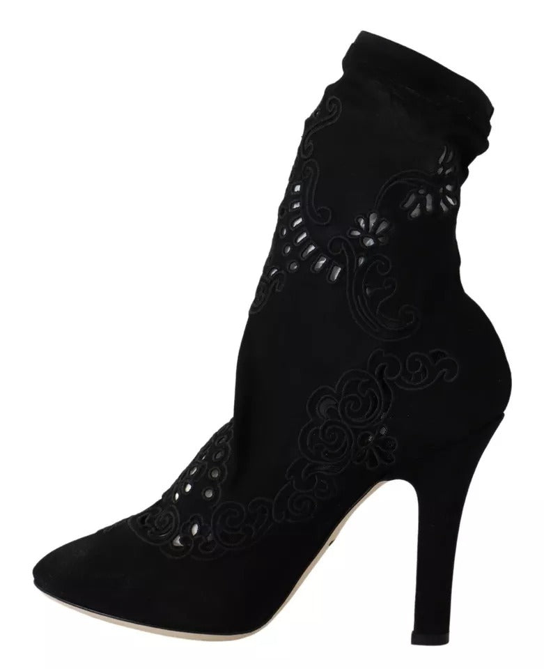 Dolce &amp; Gabbana Schwarze Stretch-Pumps-Stiefel mit floraler Spitze