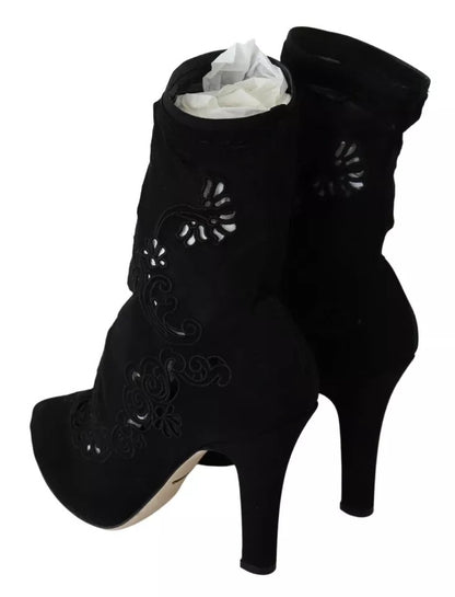 Dolce &amp; Gabbana Schwarze Stretch-Pumps-Stiefel mit floraler Spitze