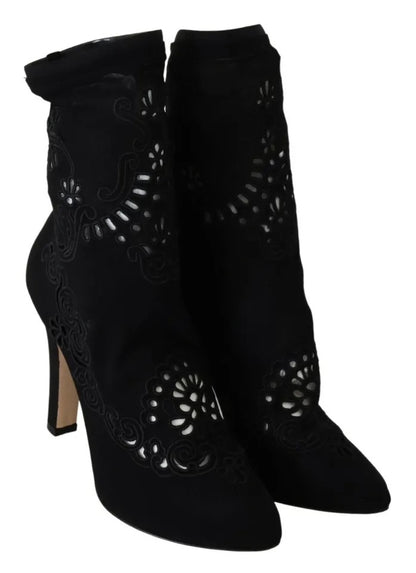 Dolce &amp; Gabbana Schwarze Stretch-Pumps-Stiefel mit floraler Spitze