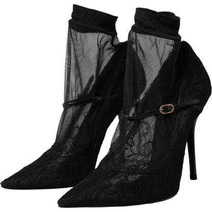 Dolce &amp; Gabbana Schwarze Stretch-Stiefel aus Tüll