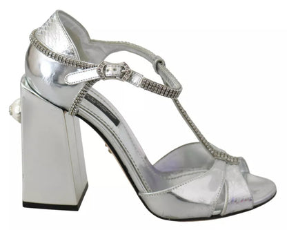Dolce &amp; Gabbana Silber Kristalle T-Riemen Sandalen Lederschuhe