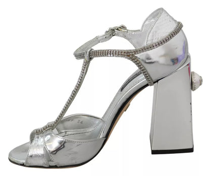 Dolce &amp; Gabbana Silber Kristalle T-Riemen Sandalen Lederschuhe