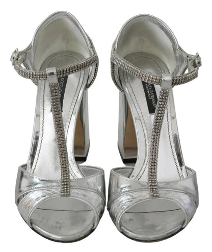 Dolce &amp; Gabbana Silber Kristalle T-Riemen Sandalen Lederschuhe