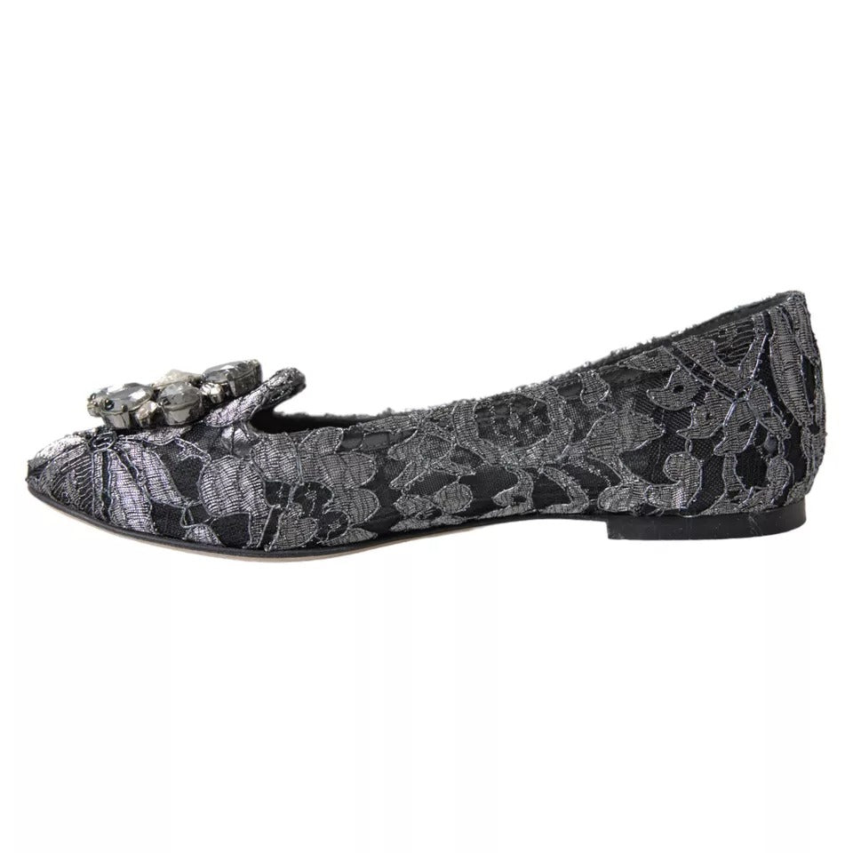 Dolce &amp; Gabbana Graue schwarze Spitzen-Ballerinas mit Kristallen
