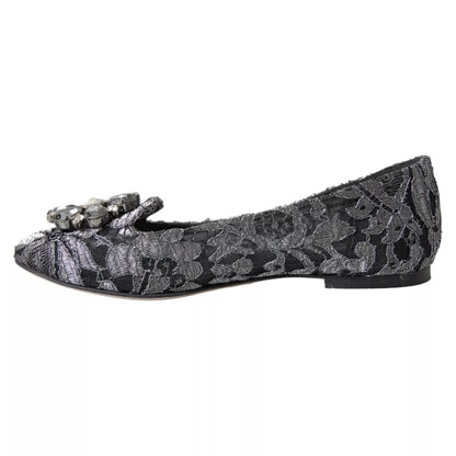 Dolce &amp; Gabbana Graue schwarze Spitzen-Ballerinas mit Kristallen