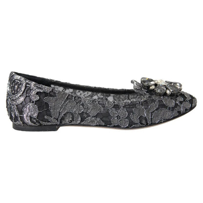 Dolce &amp; Gabbana Graue schwarze Spitzen-Ballerinas mit Kristallen
