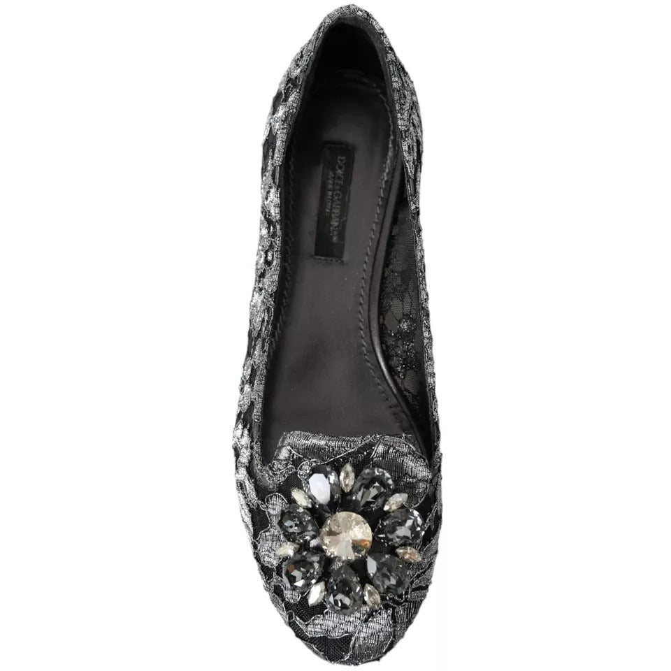 Dolce &amp; Gabbana Graue schwarze Spitzen-Ballerinas mit Kristallen