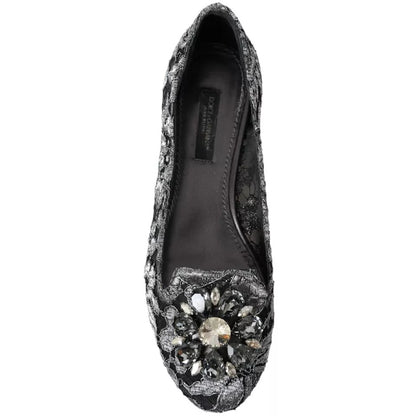 Dolce &amp; Gabbana Graue schwarze Spitzen-Ballerinas mit Kristallen