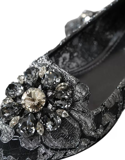 Dolce &amp; Gabbana Graue schwarze Spitzen-Ballerinas mit Kristallen