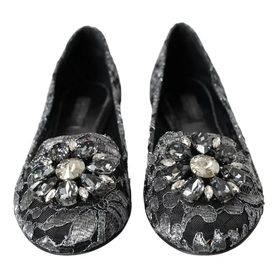 Dolce &amp; Gabbana Graue schwarze Spitzen-Ballerinas mit Kristallen