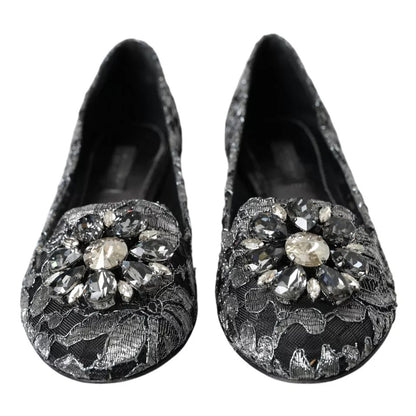 Dolce &amp; Gabbana Graue schwarze Spitzen-Ballerinas mit Kristallen