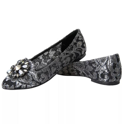 Dolce &amp; Gabbana Graue schwarze Spitzen-Ballerinas mit Kristallen