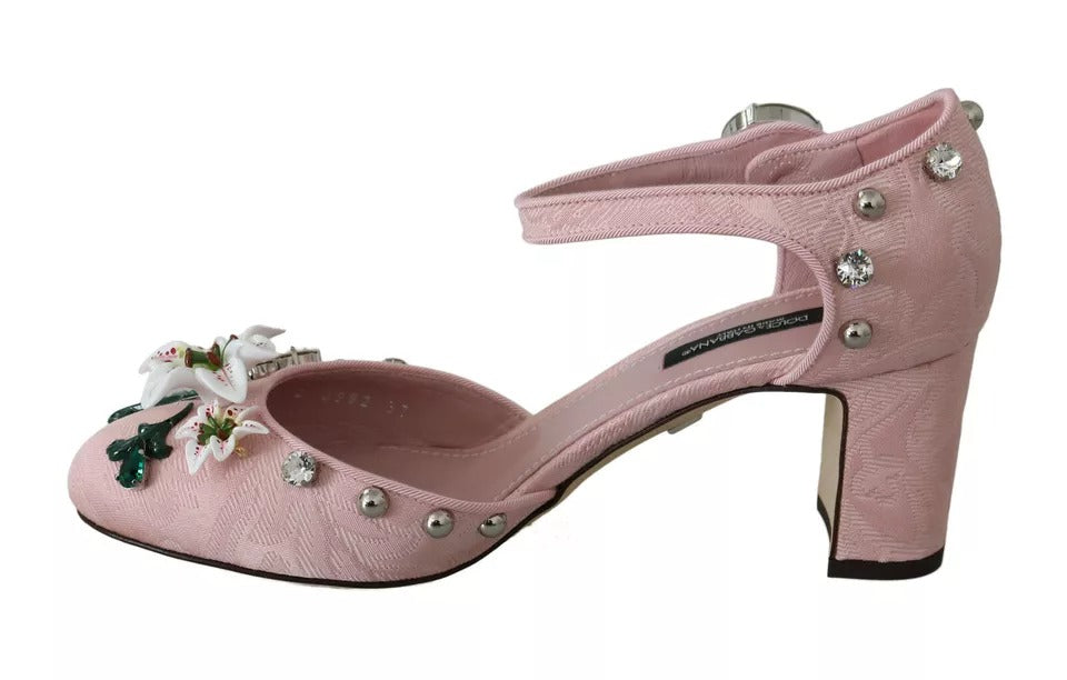 Dolce &amp; Gabbana – Rosa Brokat-Schuhe mit Kristalllilie und Knöchelriemen