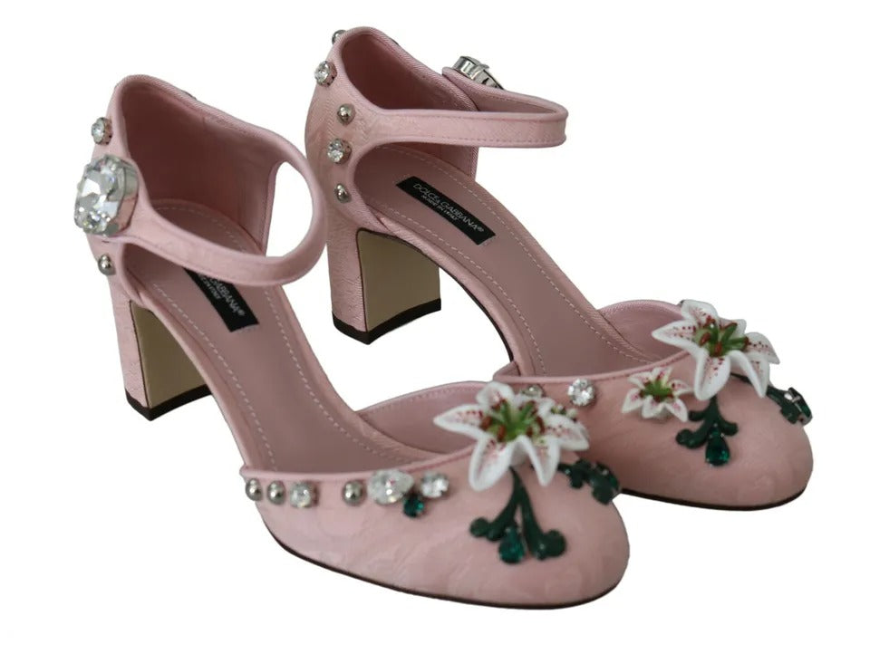 Dolce &amp; Gabbana – Rosa Brokat-Schuhe mit Kristalllilie und Knöchelriemen