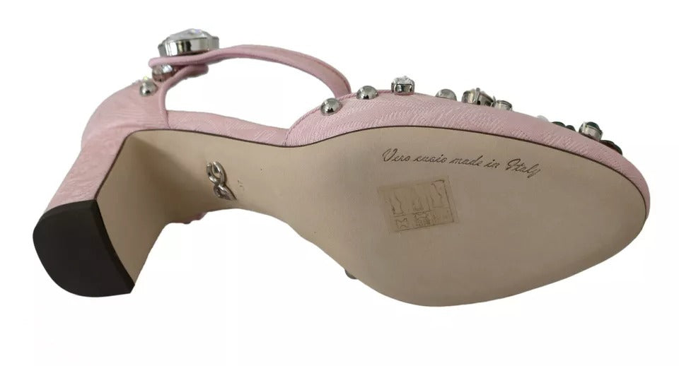 Dolce &amp; Gabbana – Rosa Brokat-Schuhe mit Kristalllilie und Knöchelriemen