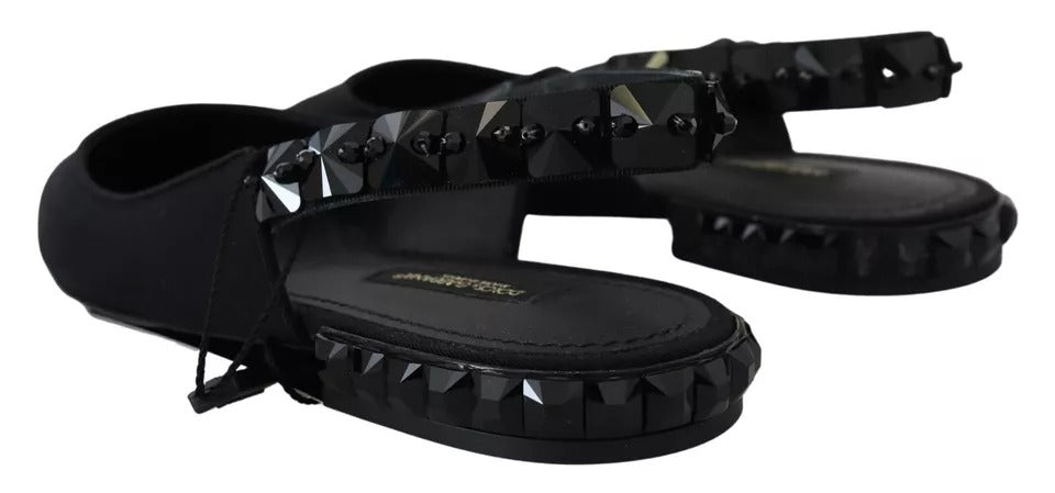 Dolce &amp; Gabbana – Schwarze flache Slingback-Schuhe aus Charmeuse mit Kristallen