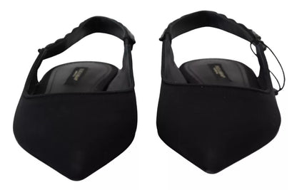 Dolce &amp; Gabbana – Schwarze flache Slingback-Schuhe aus Charmeuse mit Kristallen