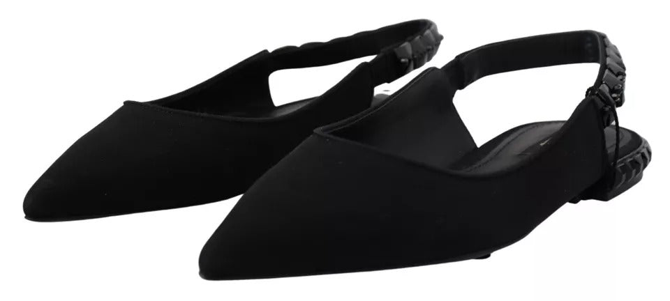 Dolce &amp; Gabbana – Schwarze flache Slingback-Schuhe aus Charmeuse mit Kristallen