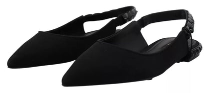 Dolce &amp; Gabbana – Schwarze flache Slingback-Schuhe aus Charmeuse mit Kristallen