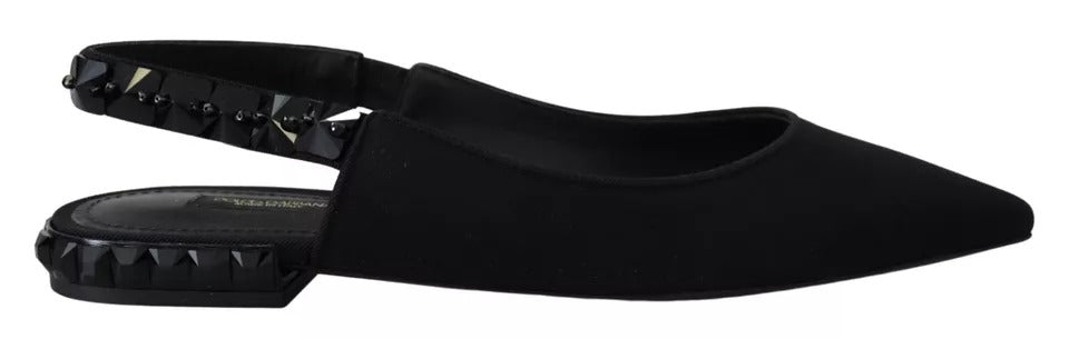 Dolce &amp; Gabbana – Schwarze flache Slingback-Schuhe aus Charmeuse mit Kristallen