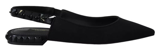 Dolce &amp; Gabbana – Schwarze flache Slingback-Schuhe aus Charmeuse mit Kristallen